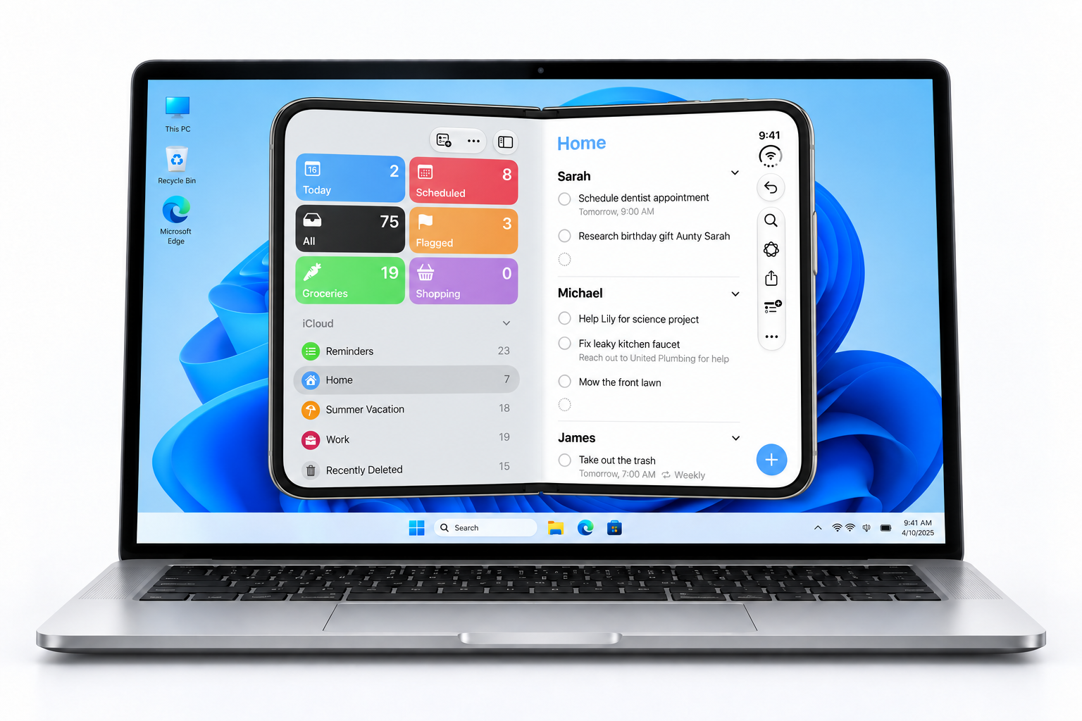 Duo Book view with lists across two angled screen panels on a Windows laptop