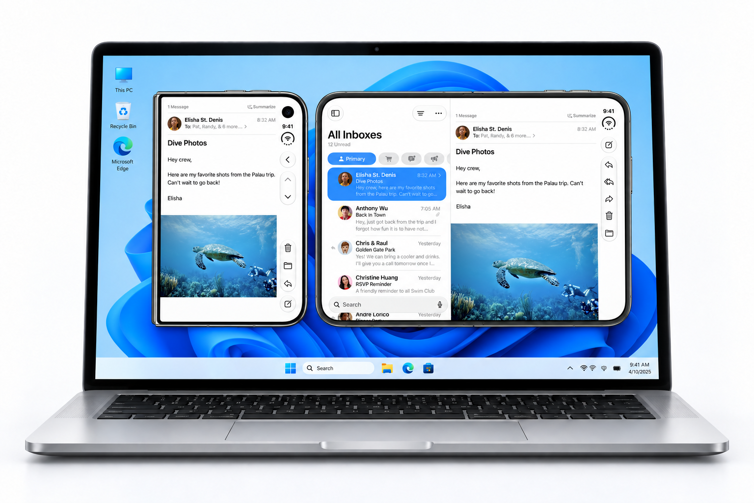 Phone and unfolded Mail layouts shown side by side on a Windows laptop